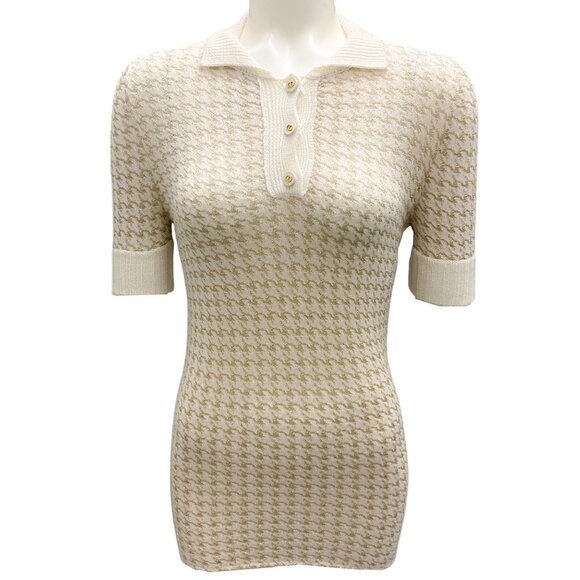 Christian Dior Cream / Gold Short Sleeved Cashmere Houndstooth Polo Sweater - Picture 1 of 6